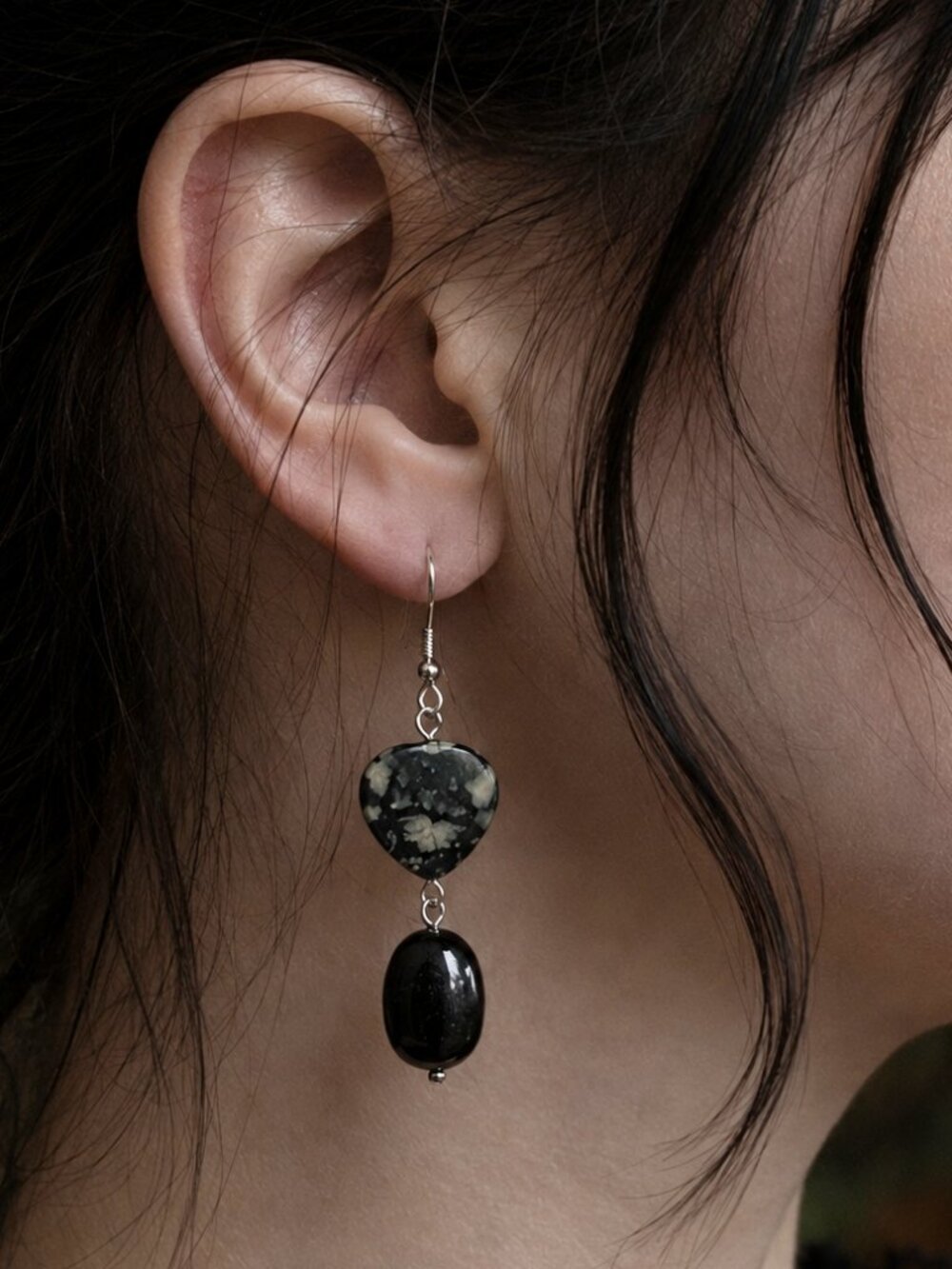 Black Jasper & Serpentine Gemstone Earrings, Stainless Steel Wire Hooks